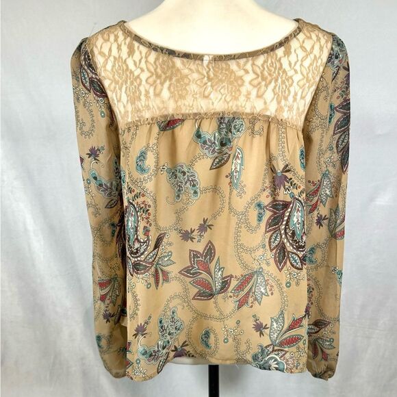 Mocha paisley print lace back long sleeve peasant top size medium - Picture 3 of 5